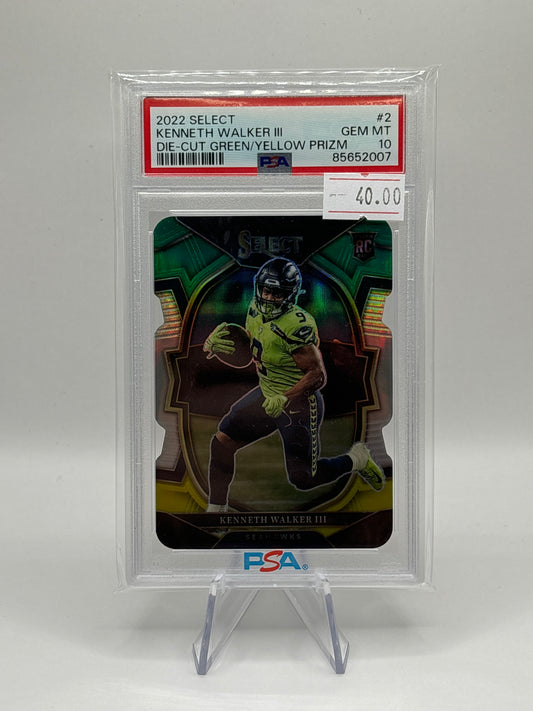 2022 Select Kenneth Walker Die-Cut Green/Yellow Prizm RC PSA Gem Mint 10