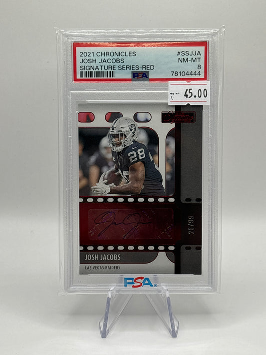 2021 Panini Chronicles Josh Jacobs Signatures Red 26/99 PSA 8